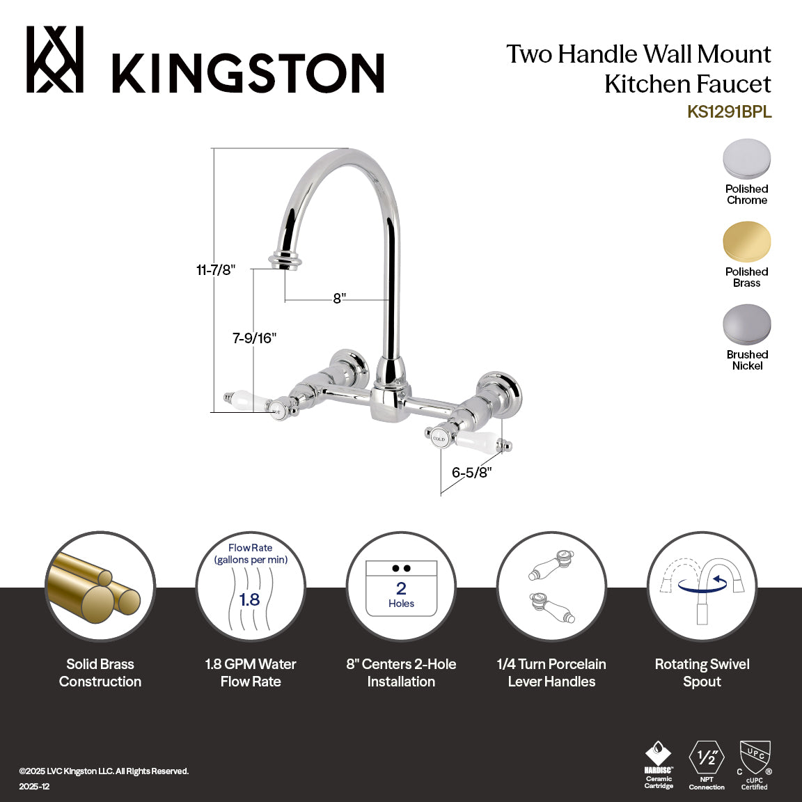 Kingston Tulare KS1298BPL - Bel-Air Two-Handle 2-Hole Wall Mount Bridge Kitchen Faucet, Brushed Nickel — thumbnail 2